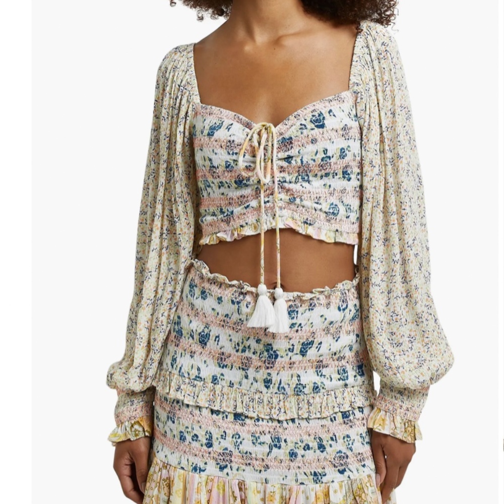 River Island Floral Print Smocked Puff Sleeve Metallic Light Blu Crop Top L